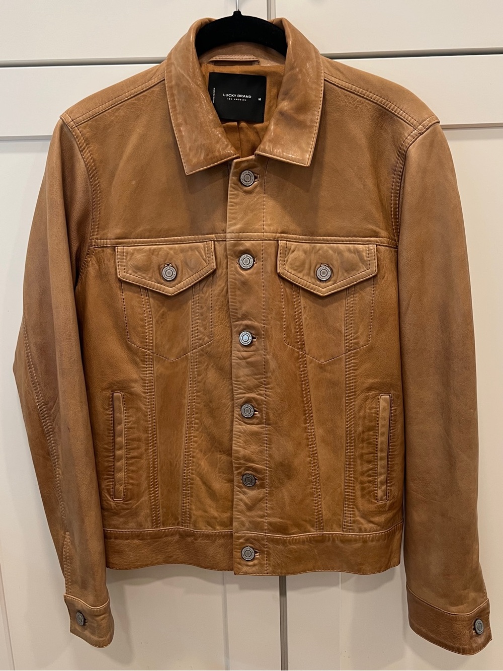 LUCKY BRAND LEATHER TRUCKER JACKET, SIZE M. - Picture 4 of 16